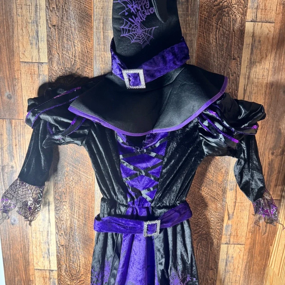Girls Witch Halloween Costume Dress Hat Black Purple Spiderweb Size Small